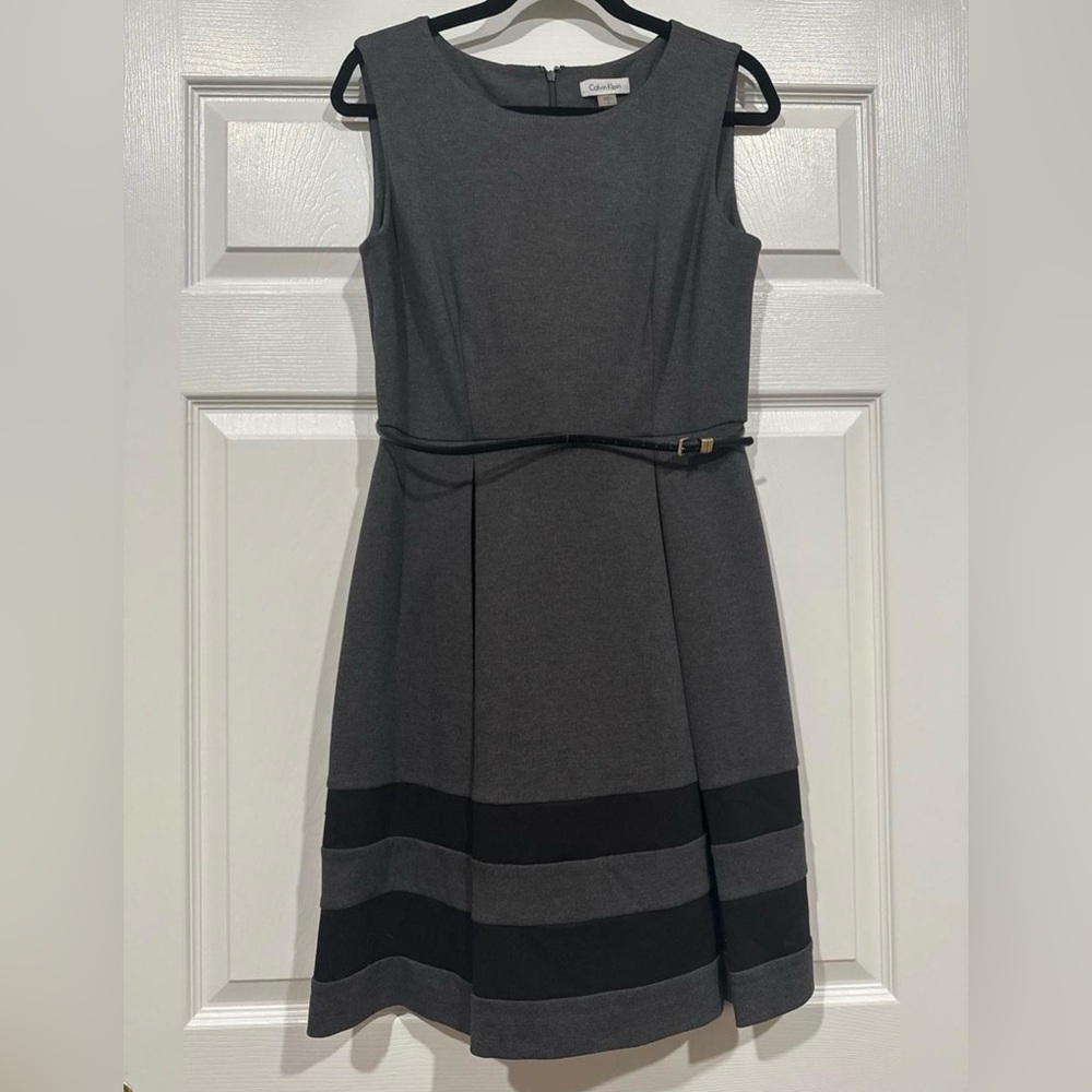 Calvin Klein Gray Sleeveless Fit-and-Flare Dress with Belt
